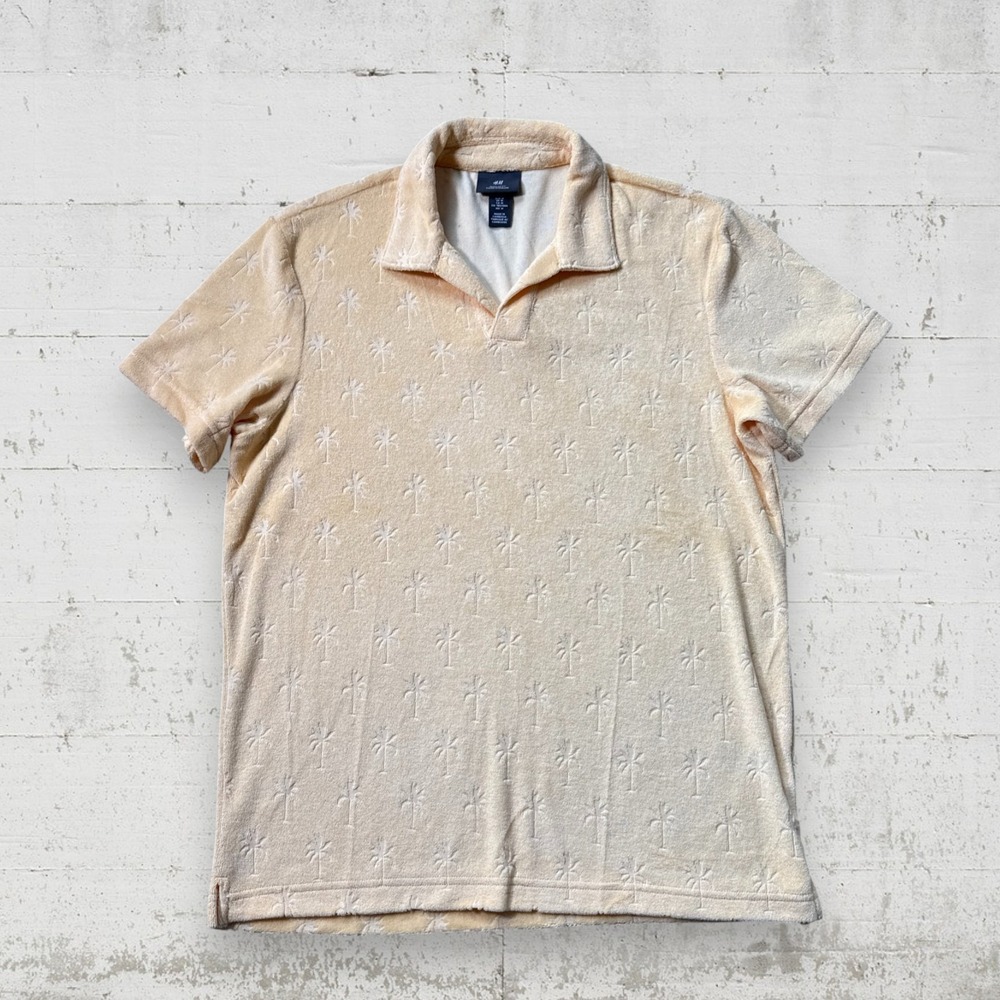 H&M Terry Polo Yellow Size M Palm Tree AOP Beach‎ Short Sleeve